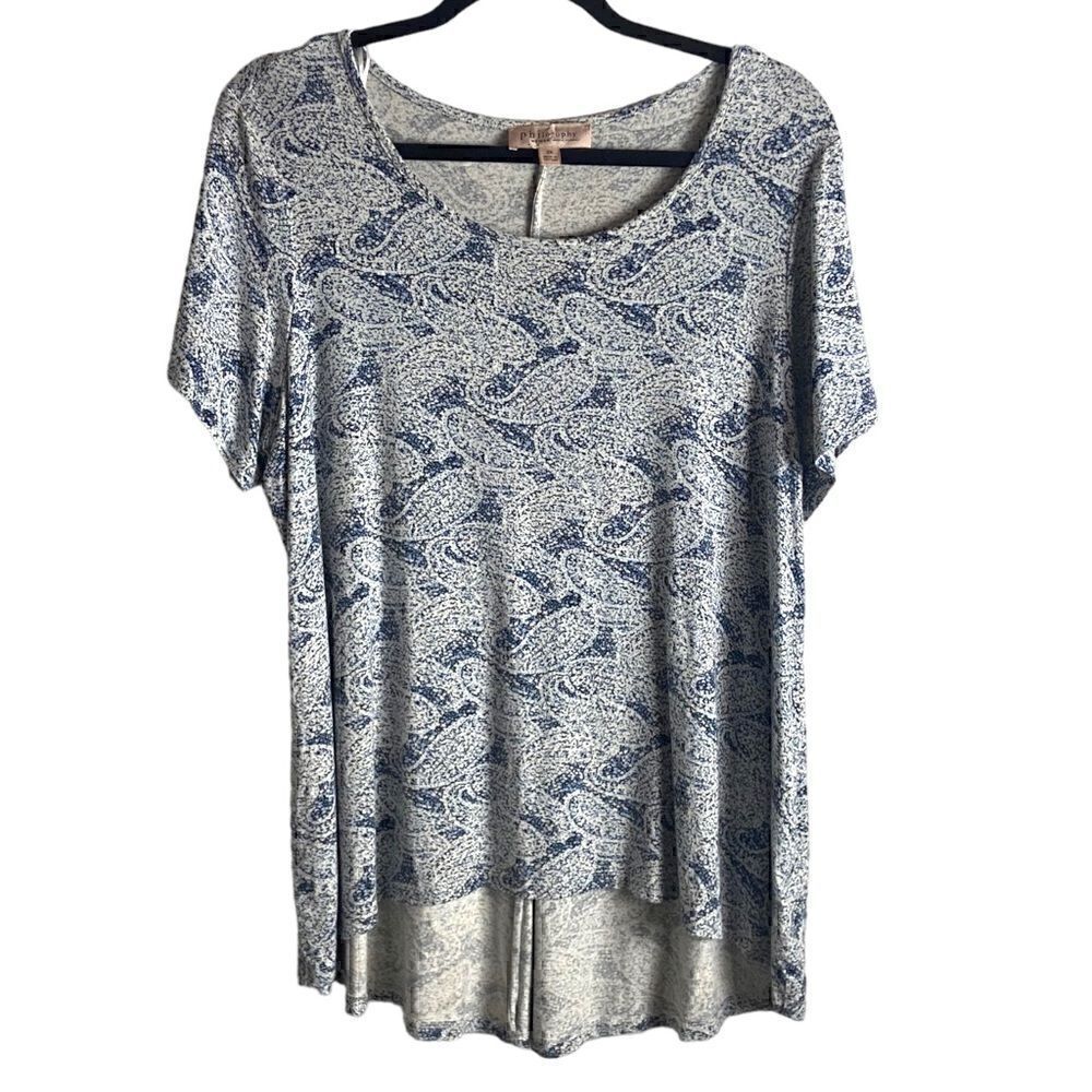 Paisley Scoop Neck Short Sleeve Top - Blue/White
